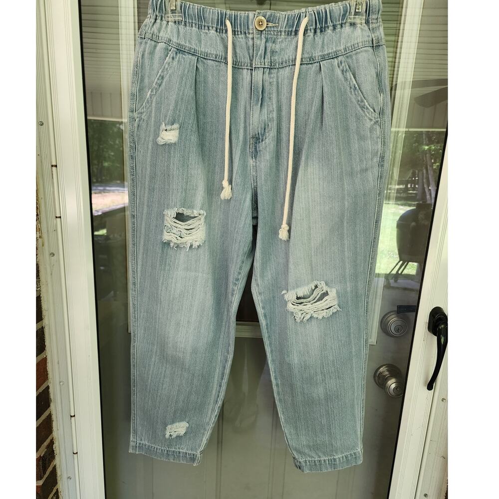 Easel Women's L Denim Joggers Distressed Light Blue Elastic Waist Relaxed Boho - Picture 2 of 6